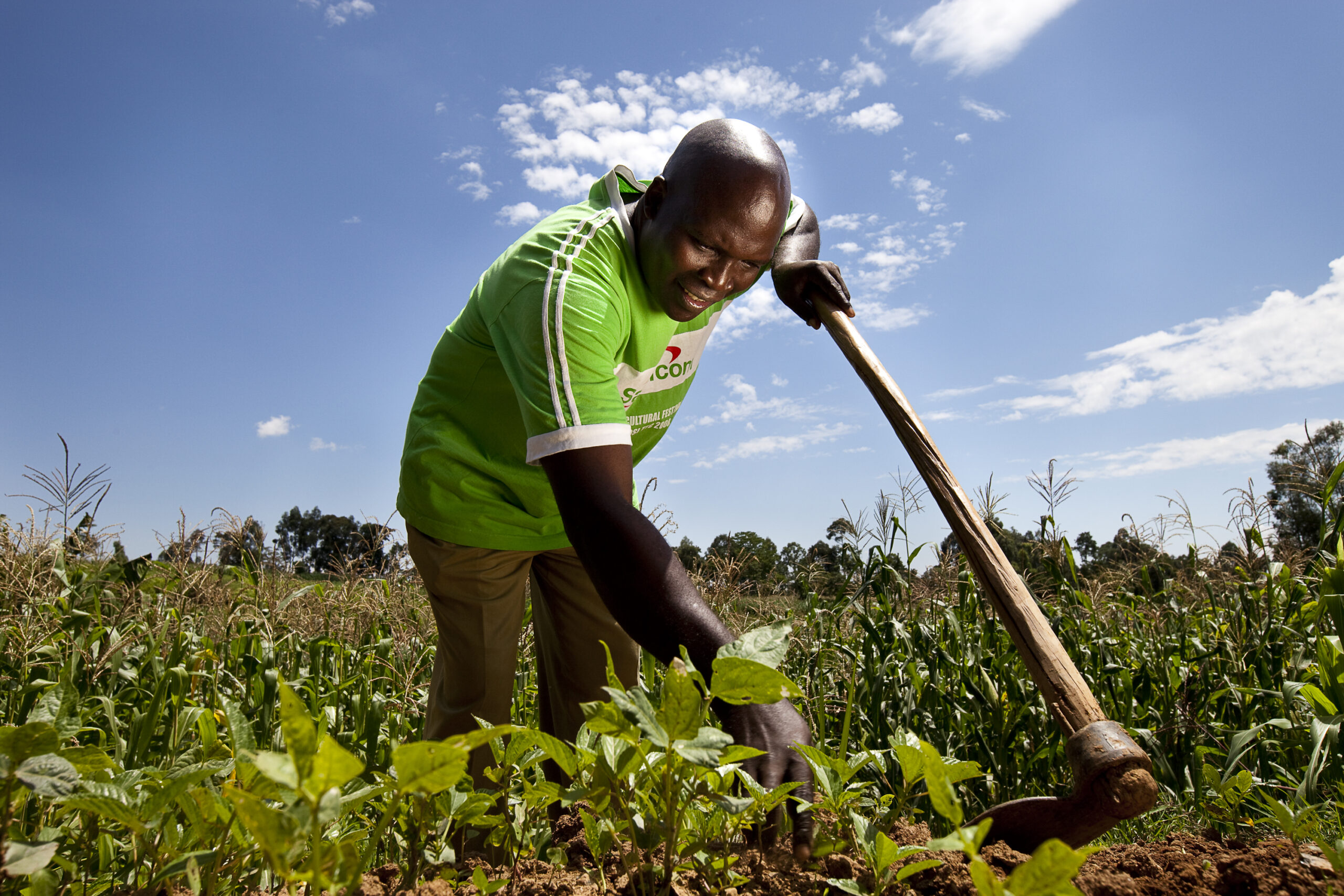 Low angle shot from the ground of a farmer in Ethiopia using a tool to work the land.