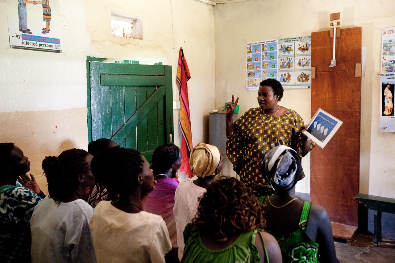 Sudan, May 2009. Nurse Betty Ajio Buku gives a sex education class to women at the Saint Bakhita Health Centre in Yei. Before checkups the woman must attend the classes which focus on family planning and HIV prevention and testing.. Before checkups the woman must attend the classes which focus on family planning and HIV prevention and testing.